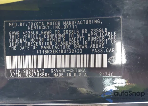 2011 Toyota Camry Xle V6 from USA, damaged, VIN 4T1BK3EK1BU132433